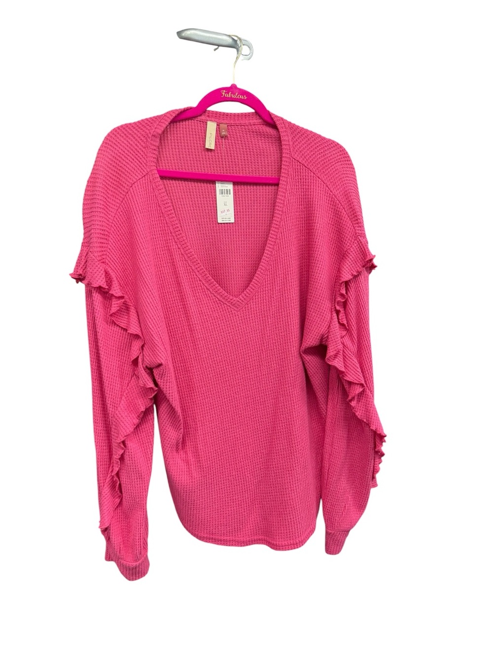 Pilcro Hot Pink Ruffle-Sleeve Waffle V-Neck Sweater